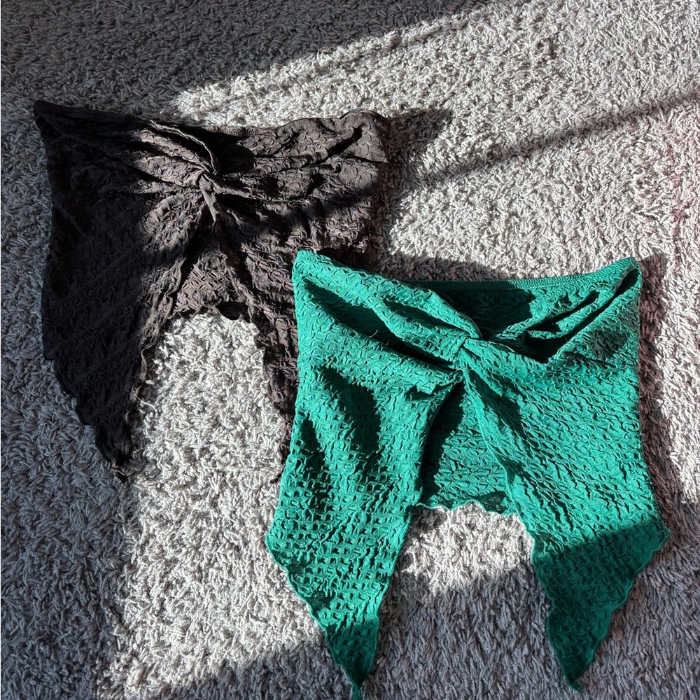 Textured Tie-Front Bandeau Top - Green and Brown